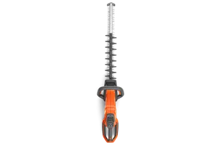Top view of a hedge trimmer with ergonomic handle and cutting blades.