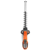 Top view of a hedge trimmer with ergonomic handle and cutting blades.