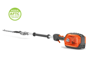 Side view of a battery pole hedge trimmer with AGZA AFTC certification badge visible.