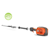 Side view of a battery pole hedge trimmer with AGZA AFTC certification badge visible.