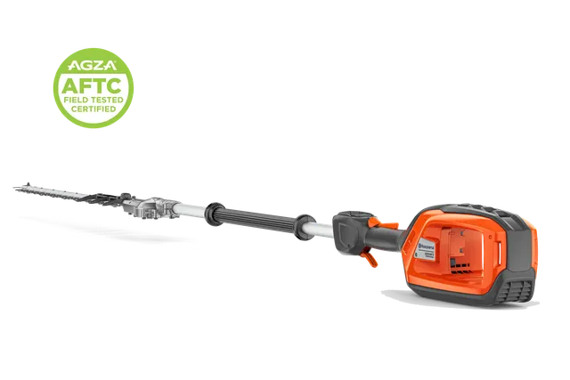 Side view of a battery pole hedge trimmer with AGZA AFTC certification badge visible.