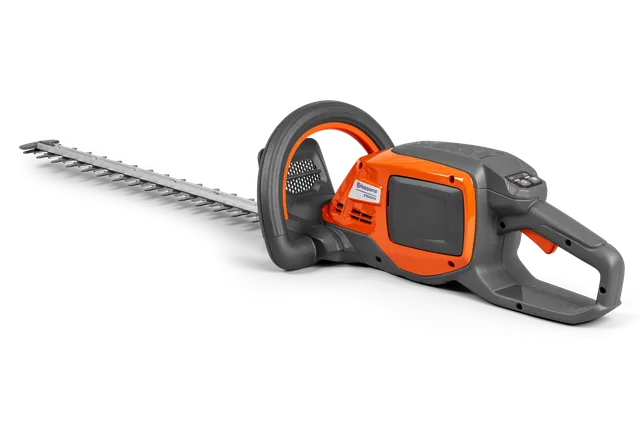 Side view of a hedge trimmer, showcasing its ergonomic handle and blade.