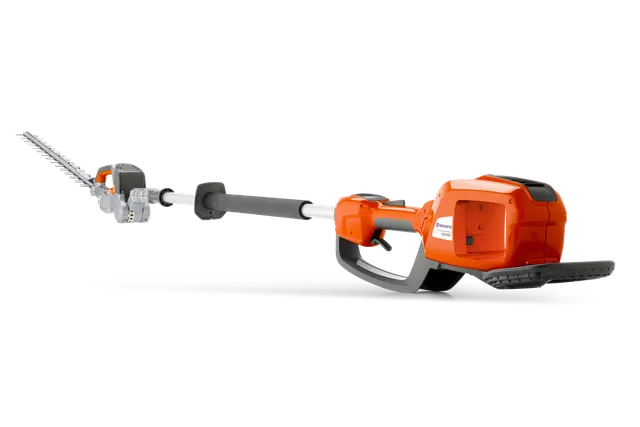 Side view of a Husqvarna battery-powered hedge trimmer with extended reach.
