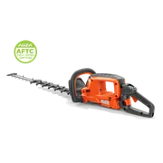 Studio side view of a hedge trimmer with long blade and rear handle; badge shows AGZA AFTC.