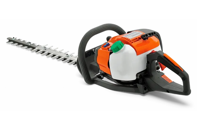 Side view of a hedge trimmer with a long blade and ergonomic handle.