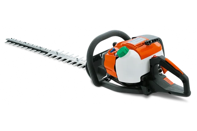 Side view of a hedge trimmer with ergonomic handle and blade.