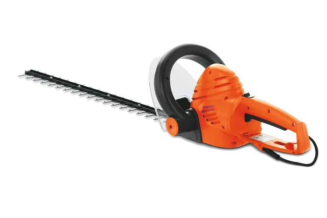 Vista lateral de un cortasetos eléctrico con mango ergonómico y cuchilla de corte larga.
