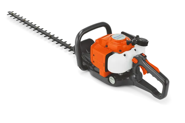 Side view of a hedge trimmer with a long cutting blade and ergonomic handle.