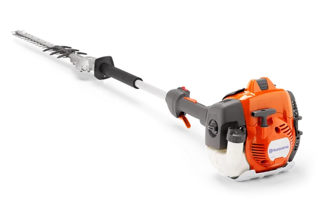 Side view of a Husqvarna pole hedge trimmer with visible engine and blade.