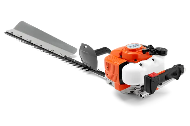Side view of a hedge trimmer with a long cutting blade and ergonomic handle.