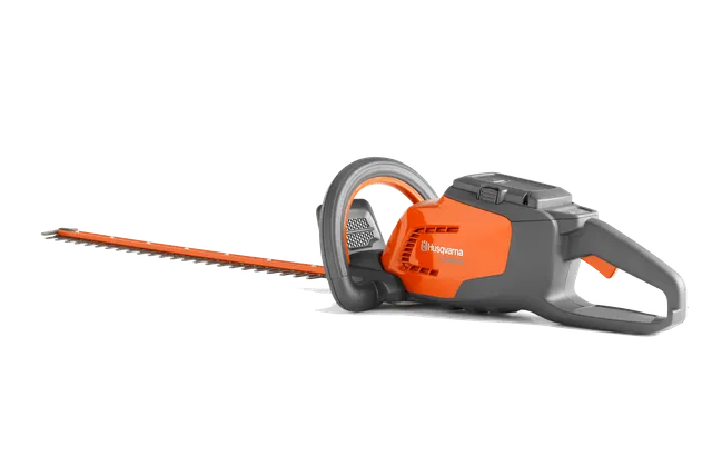 Side view of a Husqvarna hedge trimmer with ergonomic handle and battery compartment.