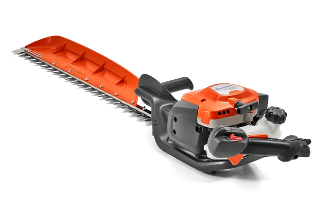 Side view of a hedge trimmer with ergonomic handle and cutting blades.