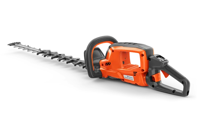 Side view of a hedge trimmer with ergonomic handle and long cutting blade.