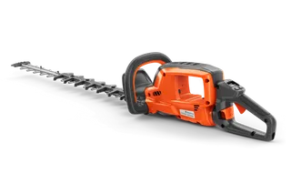 Side view of a hedge trimmer with ergonomic handle and long cutting blade.