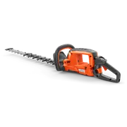 Side view of a hedge trimmer with ergonomic handle and long cutting blade.