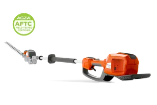 Two studio views of a hedge trimmer: full side view with badge and a rear housing close-up.