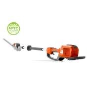 Two studio views of a hedge trimmer: full side view with badge and a rear housing close-up.