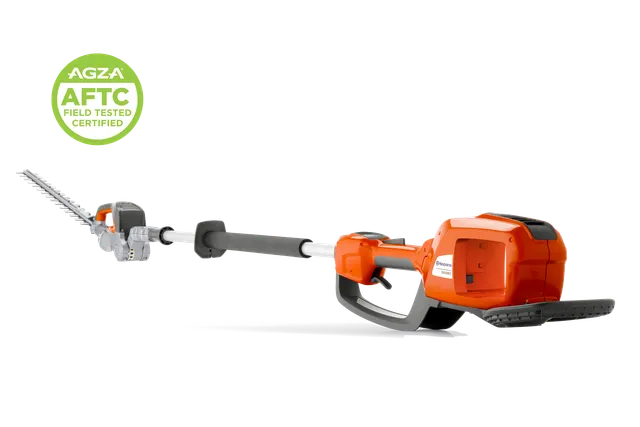 Two studio views of a hedge trimmer: full side view with badge and a rear housing close-up.