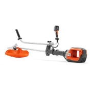 Side view of a Husqvarna brush cutter with ergonomic handle and cutting blade.