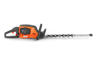Side view of a battery-powered hedge trimmer with ergonomic handle and blade.