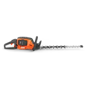 Side view of a battery-powered hedge trimmer with ergonomic handle and blade.