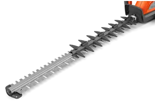 Side view of a hedge trimmer blade with sharp teeth.