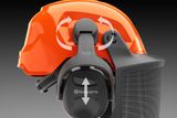 Side view of a Husqvarna safety helmet with ear protection and visor.