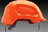 Side view of a safety helmet with adjustable strap mechanism.