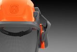 Front view of a Husqvarna safety helmet with ear protection and visor.