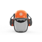 En Husqvarna-sikkerhedshjelm med høreværn og visir set forfra.