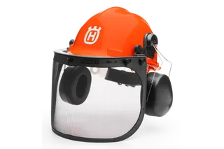 带听觉保护装备和面罩的 Husqvarna 富世华安全头盔的前视图。