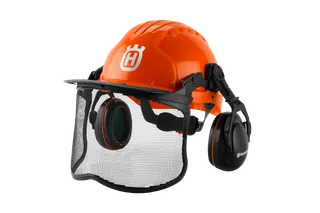 Front view of a Husqvarna safety helmet with ear protection and visor.