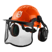 Front view of a Husqvarna safety helmet with ear protection and visor.