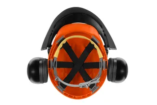 Top view of a Husqvarna safety helmet with ear protection and visor.