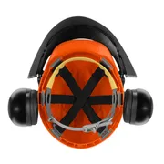 Top view of a Husqvarna safety helmet with ear protection and visor.