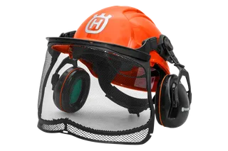 Front view of a Husqvarna safety helmet with ear protection and visor.