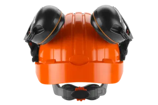 Front view of a safety helmet with ear protection.
