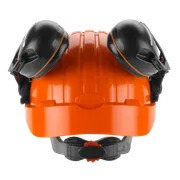 Front view of a safety helmet with ear protection.