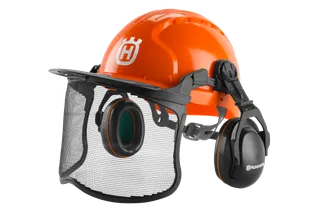 Front view of a Husqvarna safety helmet with ear protection and visor.