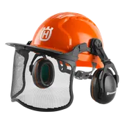 Front view of a Husqvarna safety helmet with ear protection and visor.