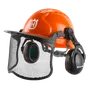 Front view of a Husqvarna safety helmet with ear protection and visor.