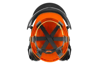 Top view of a safety helmet with ear protection and visor.