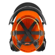 Top view of a safety helmet with ear protection and visor.
