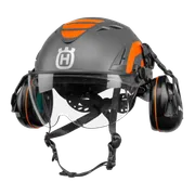 Front view of a Husqvarna safety helmet with ear protection and visor.