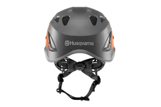 Front view of a Husqvarna safety helmet with adjustable straps and ventilation features.