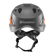 Front view of a Husqvarna safety helmet with adjustable straps and ventilation features.