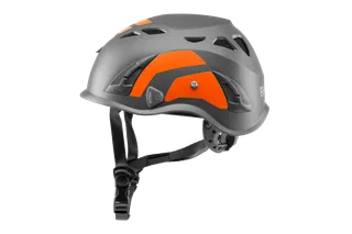 Side view of a Husqvarna safety helmet with adjustable straps and ventilation openings.