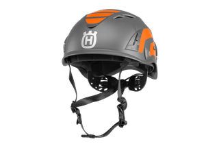 Front view of a Husqvarna safety helmet with adjustable straps.