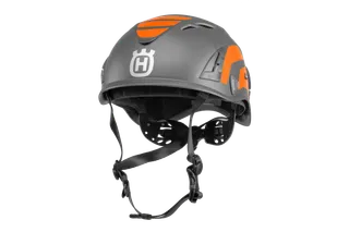 Front view of a Husqvarna safety helmet with adjustable straps.