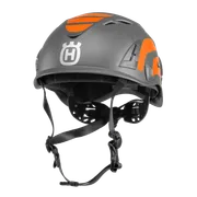 Front view of a Husqvarna safety helmet with adjustable straps.